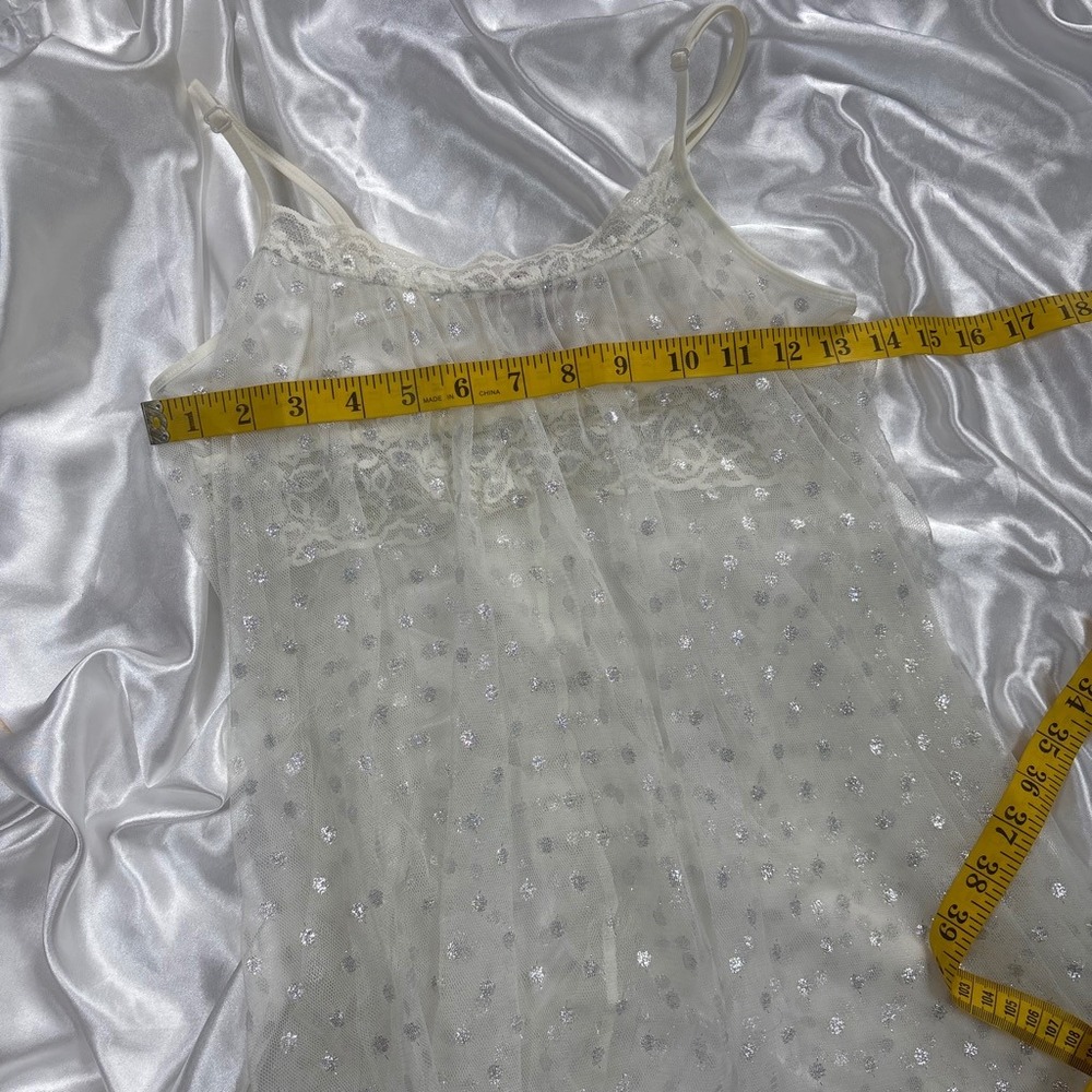 y2k Betsey Johnson Chemise White Excellent Silver Polka Dot Mesh Lace Trim S - Picture 5 of 6